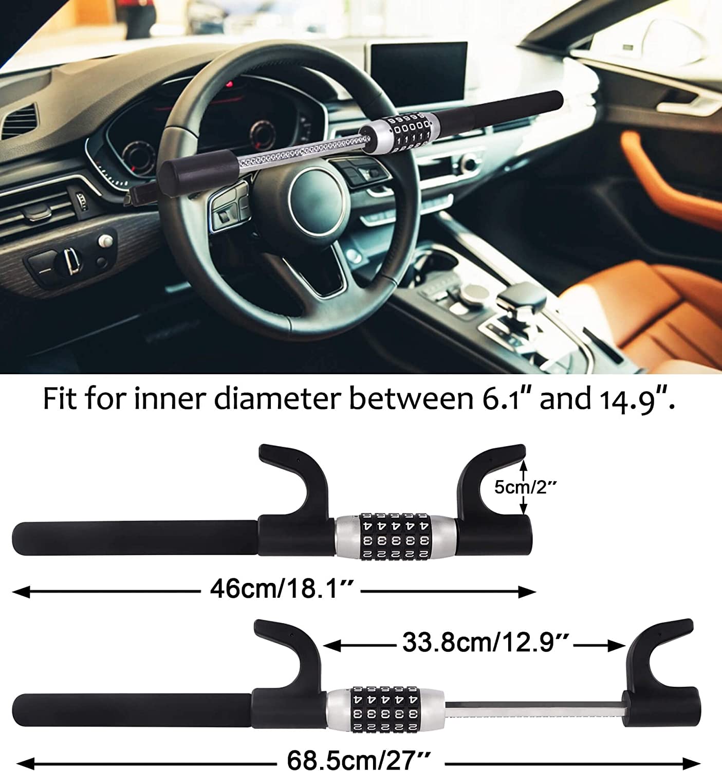 Jiax Universal Steel Car Steering Wheel Lock - Keyless Password Double Hook Anti-Theft Guide