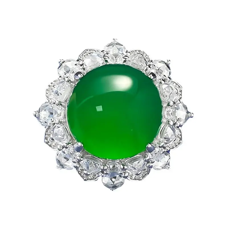 Hot Selling S925 Zilver Luxe Ijs Groene Jade Temperament Stijl Groot Ei Gezicht 12Mm Agaat Ring