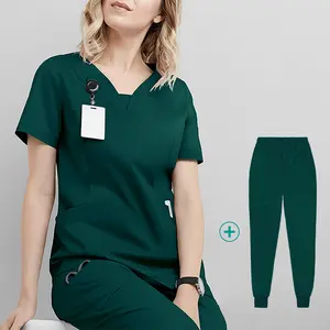 Manga curta pessoal do hospital homens mulheres enfermagem uniforme médico esfrega uniformes conjuntos 72% poliéster 21% rayon 7% spandex