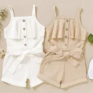 新款夏季幼儿儿童无袖纯色100% 纯棉荷边吊带罗纹棉质女婴衣服连体裤