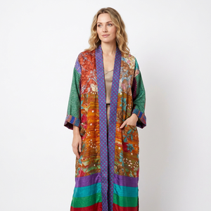 Robe Kimono Élégante pour Femme, Longue, à Manches Trois-Quarts, Imprimée, Décontractée, en Soie Tissée Douce avec Cordon de Serrage, Idéale pour l'Été - Product Image 1