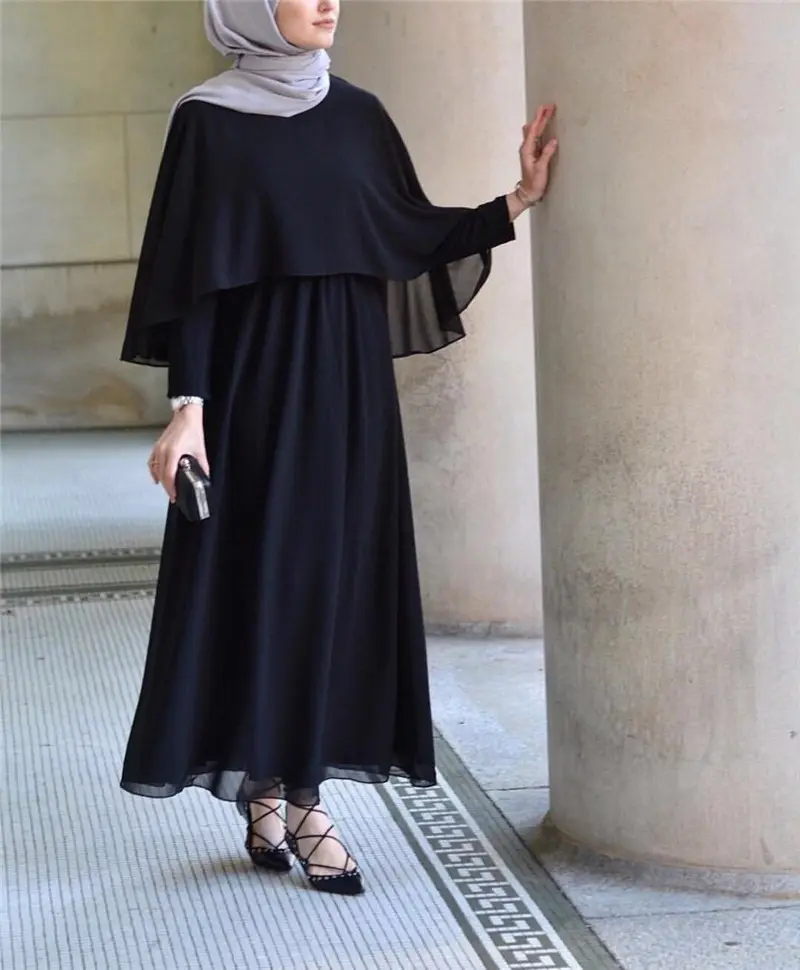 Mode New Muslim Frauen Chiffon Langarm Abaya Dubai Islamische Kaftan Kleidung Kleid Einfarbig Cape Maxi Kleid Abaya Roben