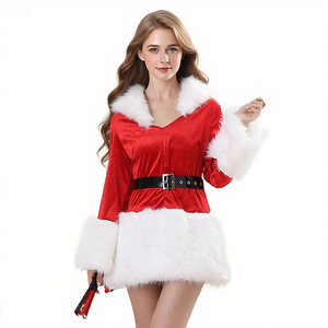 <b>Red</b> Hooded Christmas Dress With <b>Belt</b> Velvet Sheath V-neck Adult Women's Sexy Holiday Outfit - Product Image 5