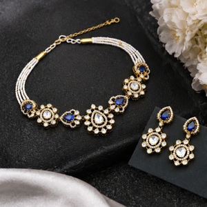 Elegant 925 <b>Silver</b> Necklace and Earrings Set with Blue and White Stones Traditional Indian Bridal Jewelry for Women - Product Image 4