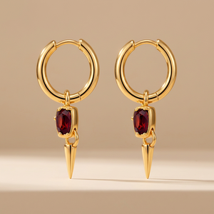 Garnet 925 Sterling <b>Silver</b> Earrings – Gold Vermeil <b>Huggie</b> with Trillion Spike Drop - Product Image 2