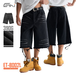 Personnalisé 100% Coton Garçons Recadrée Jorts Lâche Jambe Droite <span class=keywords><strong>Noir</strong></span> Soleil Délavé Lavé Bord Brut Denim Shorts Baggy Streetwear Été - Product Image 1