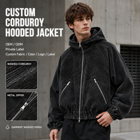 Veste décontractée pour homme avec logo personnalisé, en velours côtelé délavé, à capuche, fermeture éclair, poches angulaires et ourlet élastique, style streetwear