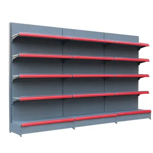 Estantería Industrial para Supermercado con Detalles Rojos, Respaldo Metálico Perforado, Exhibidor Comercial - Product Image 1