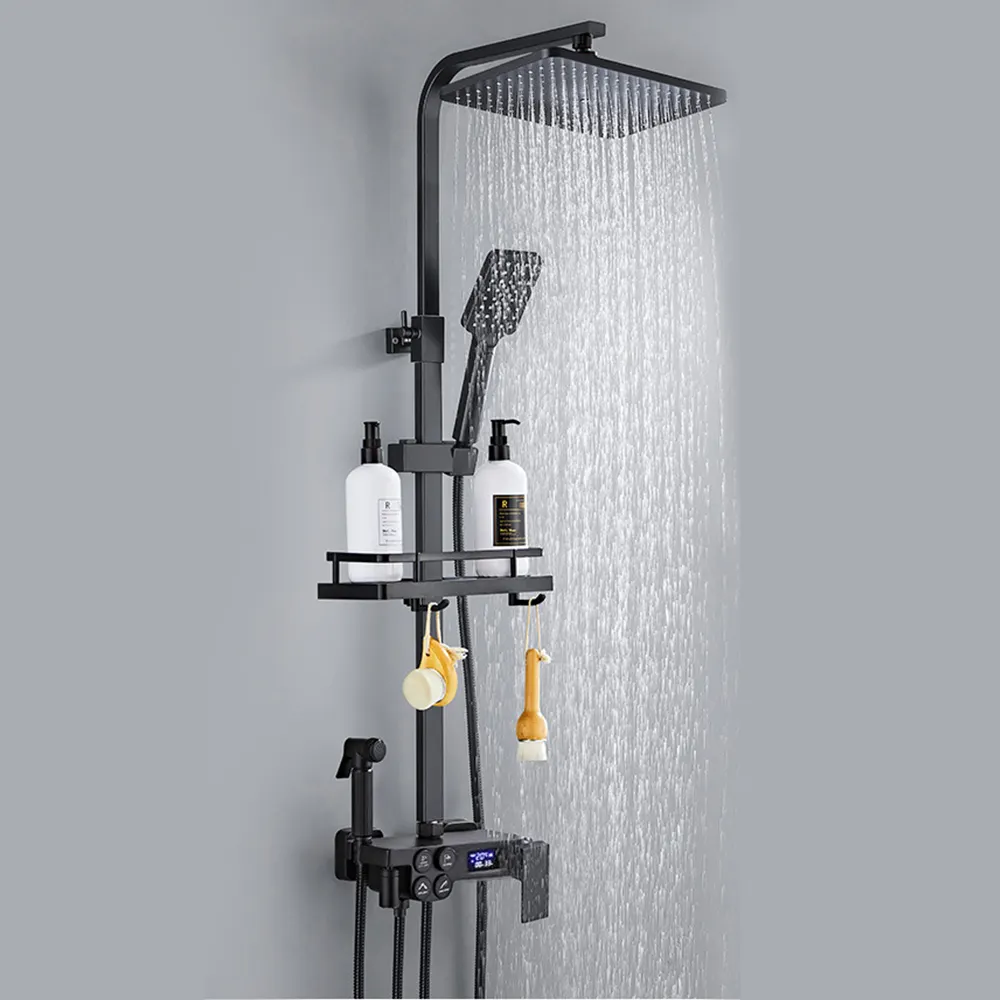 Luxury Black Brass Rainfall Bathroom Shower Set Smart Automatic Hot Cold Mixer Bath Hand Shower Head System Button Spray Gun Tap