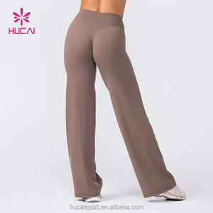 Pantaloni Yoga a Vita Alta con Logo Personalizzato HUCAI, Leggings a Gamba Larga per Pilates e Fitness, per <span class=keywords><strong>Donne</strong></span> - Product Image 4