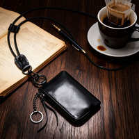 Dompet Kunci Kulit Asli Mini, Kantong Leher, Dompet Koin, Tempat Kartu, Resleting, dengan Tali Pengikat yang Dapat Disesuaikan, untuk Perjalanan
