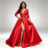 Robe de soirée longue en satin pour femmes, col en V profond, dentelle à paillettes, manches 3/4, robe de bal formelle, OEM ODM personnalisée