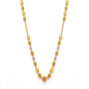Antique 925 Silver Mala <b>Necklace</b> with Pink and Gold Beads Long Chain Mala <b>Statement</b> Jewelry for Women Wedding and Party Wear - Product Image 1