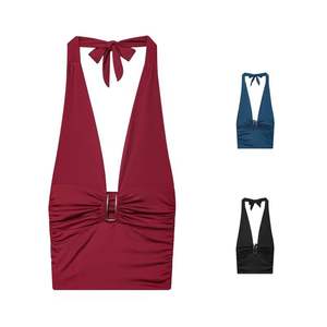 Top de Tirantes con Cuello Halter y Escote en V, Plisado, Ajustado, sin Mangas, Transpirable, Sexy y Casual para Mujer, Otoño Europeo y Americano - Product Image 1