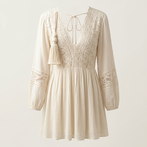 Cream Lace Trim Tassel Dress With <b>Long</b> Sleeves And Deep V-Neckline - Product Image 1