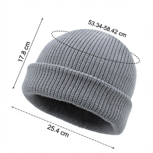 Ribbed Knit Cap Gray 53.34-58.42 Cm Warm Winter Hat Turn Up Brim Solid Color Acrylic Fiber Winter Sports <b>Accessories</b> - Product Image 1