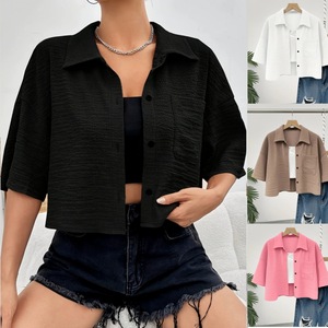 Frühling Sommer Neue Damenmode Einfarbige Revers-Crop-Bluse Einreihig mit Tasche Knopfleiste Halblange Ärmel Lässige Bluse - Product Image 1