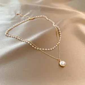 时尚饰品链珠圆形珍珠项链双层珍珠吊坠项链