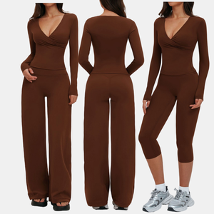 Ensemble 4 pièces pour femmes, haut sans manches à <span class=keywords><strong>col</strong></span> en <span class=keywords><strong>V</strong></span> superposé, haut à manches longues, leggings capri, pantalon large, yoga, entraînement, fitness - Product Image 4