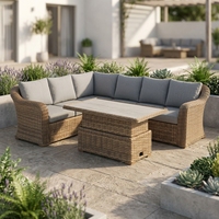 Ensemble de canapé d'angle en rotin brun pour l'extérieur, mobilier de jardin modulaire avec coussins et table, cadre en aluminium durable et imperméable