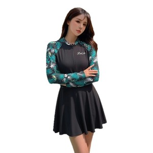 ชุดว่ายน้ำวันพีซสำหรับผู้หญิงของไป๋ย่าแขนยาวสีน้ำเงินกรมท่าพิมพ์ลายชุดว่ายน้ำคอกลมสำหรับวันหยุดที่ชายหาด - Product Image 5