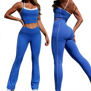 Conjunto de Yoga de 2 Piezas Azul para Mujer, Top Corto con Cuello Cuadrado, Leggings de Cintura Alta con Rayas Laterales y Costuras en Contraste - Product Image 1