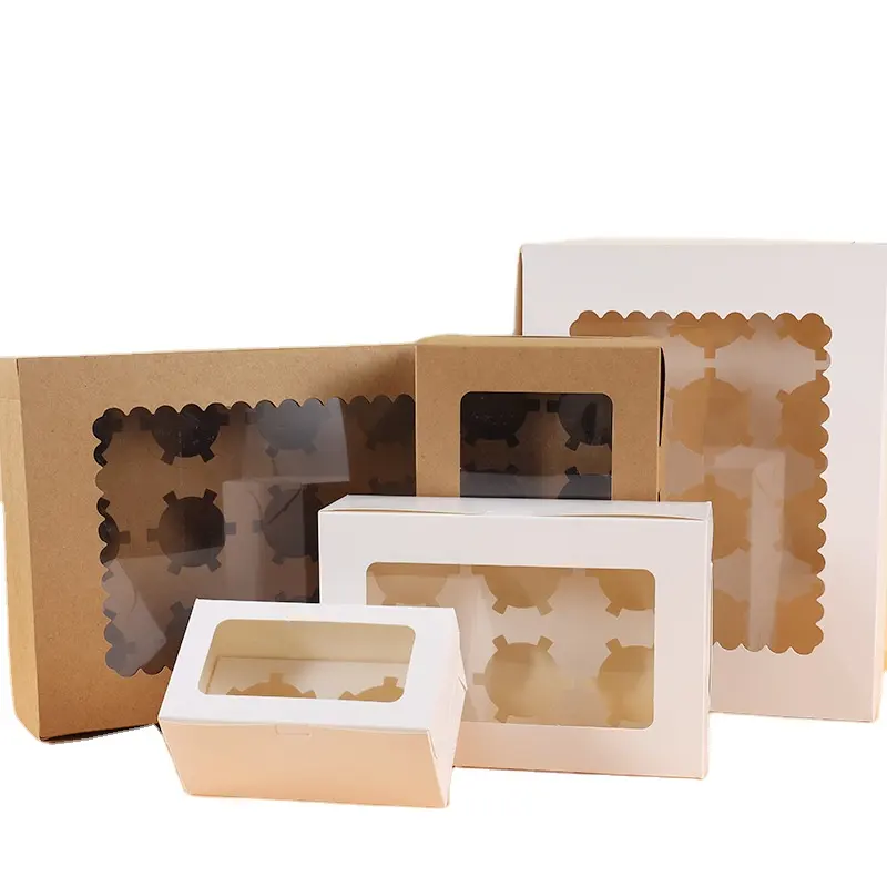 2 4 6 Buah Kotak Kemasan Cupcake Kertas Kraft Coklat Putih dengan Jendela PVC PET Bening