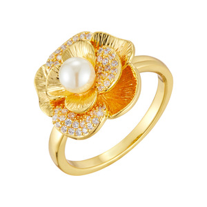 Flower Open <b>Ring</b> Gold Plated Pearl Zircon Micro Set Index <b>Finger</b> Party Jewelry - Product Image 5