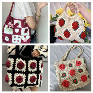 [Stock de Productos Terminados] Colección de Bolsos de Tela de Algodón Tejidos <span class=keywords><strong>a</strong></span> Mano, Materiales Tridimensionales para DIY, Patrón de Camelia, Estilo Abuela - Product Image 2