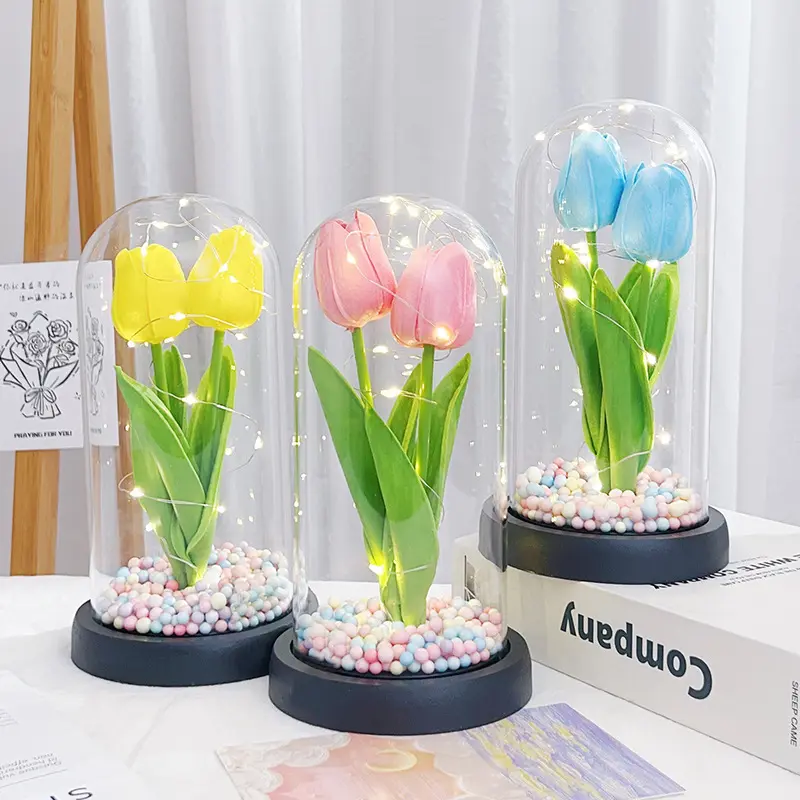 2024 Weihnachten Valentinstagsgeschenk 2 Stück Kunsttulippen konservierte Blume Led-Lampe Tulip in Glaskuppel-Geschenke für Mütter Frauen