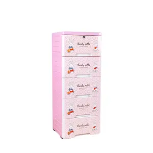 Plastic Clothes Wardrobe cartoon design with lock storage box 5 layer clothes baby cabinet drawer