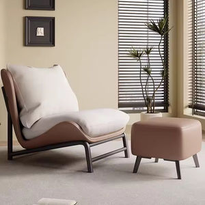 <span class=keywords><strong>Fauteuil</strong></span> de salon moderne et confortable avec pouf, pieds <span class=keywords><strong>en</strong></span> métal, revêtement <span class=keywords><strong>en</strong></span> <span class=keywords><strong>cuir</strong></span> véritable - Design extensible pour la maison, le bureau, le café - Product Image 6
