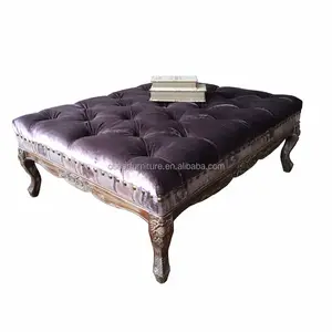 European Style Purple Velvet Tufted Antique Hand Carved Wooden Ottoman Coffee Table