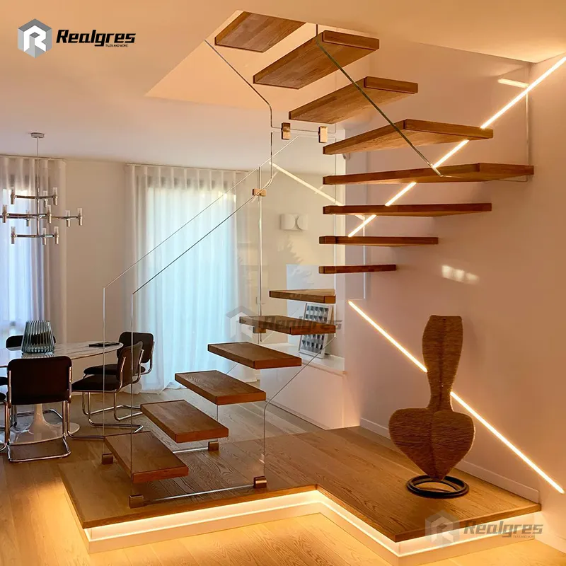 Realgres Trung Quốc nhà sản xuất hiện đại nội thất nhà nổi cầu thang gỗ rắn treads kính lan can cầu thang thiết kế