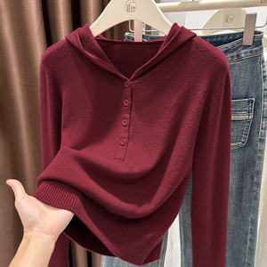2025新着秋冬デザイナーフード付きニットジャケット女性用ブルゴーニュプルオーバー長袖ストレッチベースレイヤートトップ - Product Image 2