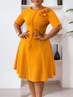 Gaun Wanita Musim Panas Kasual Elegan Lengan Pendek Kerah O untuk Kantor, Ukuran Besar Afrika, dengan Hiasan Bunga