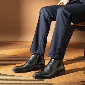 Men's Chelsea Leather Boots Cowhide Business Formal Lace-up <b>Shoes</b> <b>Height</b> <b>Increasing</b> Anti-Slippery Hard-Wearing English-style - Product Image 2