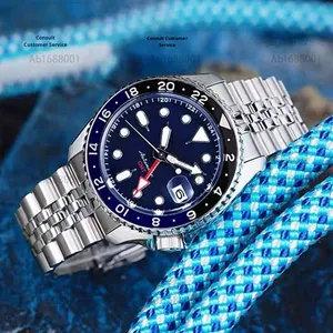 Luxury No. Montre sport mécanique pour homme, 5 aiguilles, affichage GMT, étanche, bracelet en acier inoxydable 22 mm, modèle à cinq rangées de maillons - Product Image 1