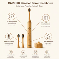Brosse à dents sonique électrique Carepik en bambou avec 3 têtes de rechange en bambou, écologique, étanche IPX7