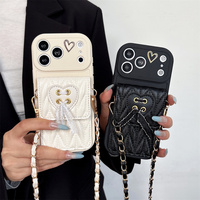 Dompet Tekstur Kulit Mewah Kawaii Girly dengan Hiasan Pita untuk iPhone 18 17 Pro Max 16 15 14 13 dengan Tali Rantai Selempang.