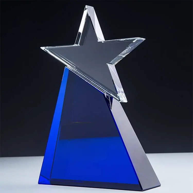 ميدالية طراز ستار كأس الزجاج الأزرق المخصص شعار نقش بالليزر على زجاج واضح