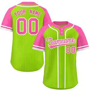 Camiseta de Softbol Personalizada con Rayas Verde Neón, Rosa y Blancas, Mangas Raglán, Dos Botones, Auténtica - Product Image 1