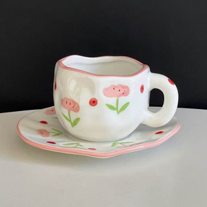 แก้วกาแฟเซรามิกทำมือลายเมฆสีฟ้า พร้อมจานรองทรงไม่สมมาตร ชุดถ้วยน้ำชาสำหรับชายามบ่าย 300 มล. แก้วคู่ ของขวัญ - Product Image 4