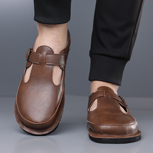 Sandalias con correa en T para hombre, de cuero genuino, punta abierta, suela de goma, informales, transpirables, con hebilla, fáciles de poner, para verano. - Product Image 2