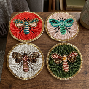 Round Beaded <b>Coasters</b> With Insect Designs Red <b>Pink</b> White Green Traditional Chinese Style Textile Craft Decorative Drink <b>Coasters</b> - Product Image 2
