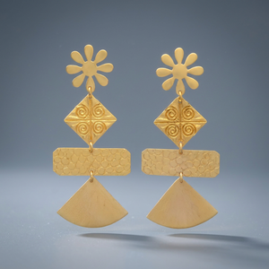Matte Gold Daisy Flower Stud Tiered Geometric <b>Drop</b> Earrings Fan Charm Brass 18K Gold Plated Tribal Ethnic Unisex Wholesale - Product Image 3