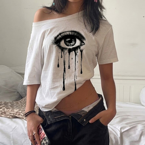 เสื้อยืดกราฟิกแบบไหล่เฉียงสำหรับผู้หญิง ทรงหลวม พิมพ์ลายนามธรรม สไตล์ Y2K เสื้อลำลองแนวสตรีทแฟชั่นสำหรับฤดูร้อน - Product Image 1