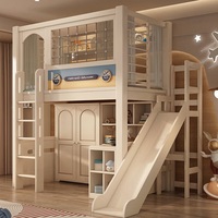 Lit mezzanine pour enfants JS, style moderne et simple, en bois massif blanc, confortable, avec toboggan et bibliothèque, ensemble de meubles de chambre pour enfants