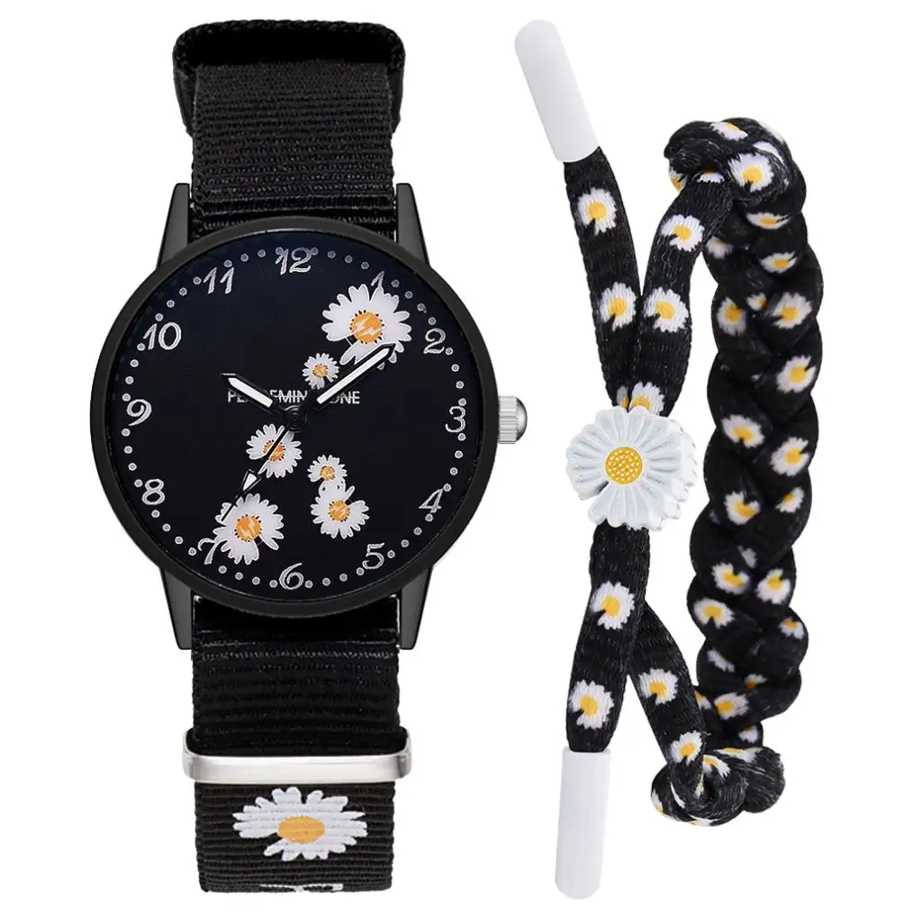 Women Casual Nylon Strap Flowers Daisy Dial Quartz Watch Simple Wild Girlfriends Couple Watch Birthday Gift Women Wrist Watch