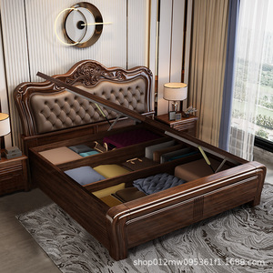 Rosewood Solid Wood Bed High Box Storage Upholstered <b>Headboard</b> Double Bed For Master Bedroom - Product Image 4